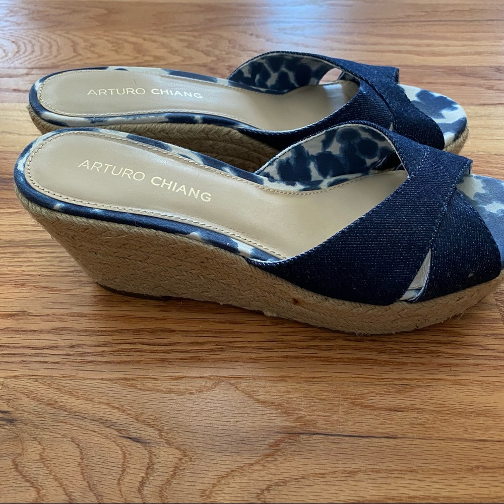 Arturo Chiang Blue Denim Espadrille Wedge Slides - Picture 3 of 7